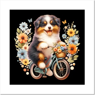 Cute Australian Shepherd Puppy Biking Posters and Art